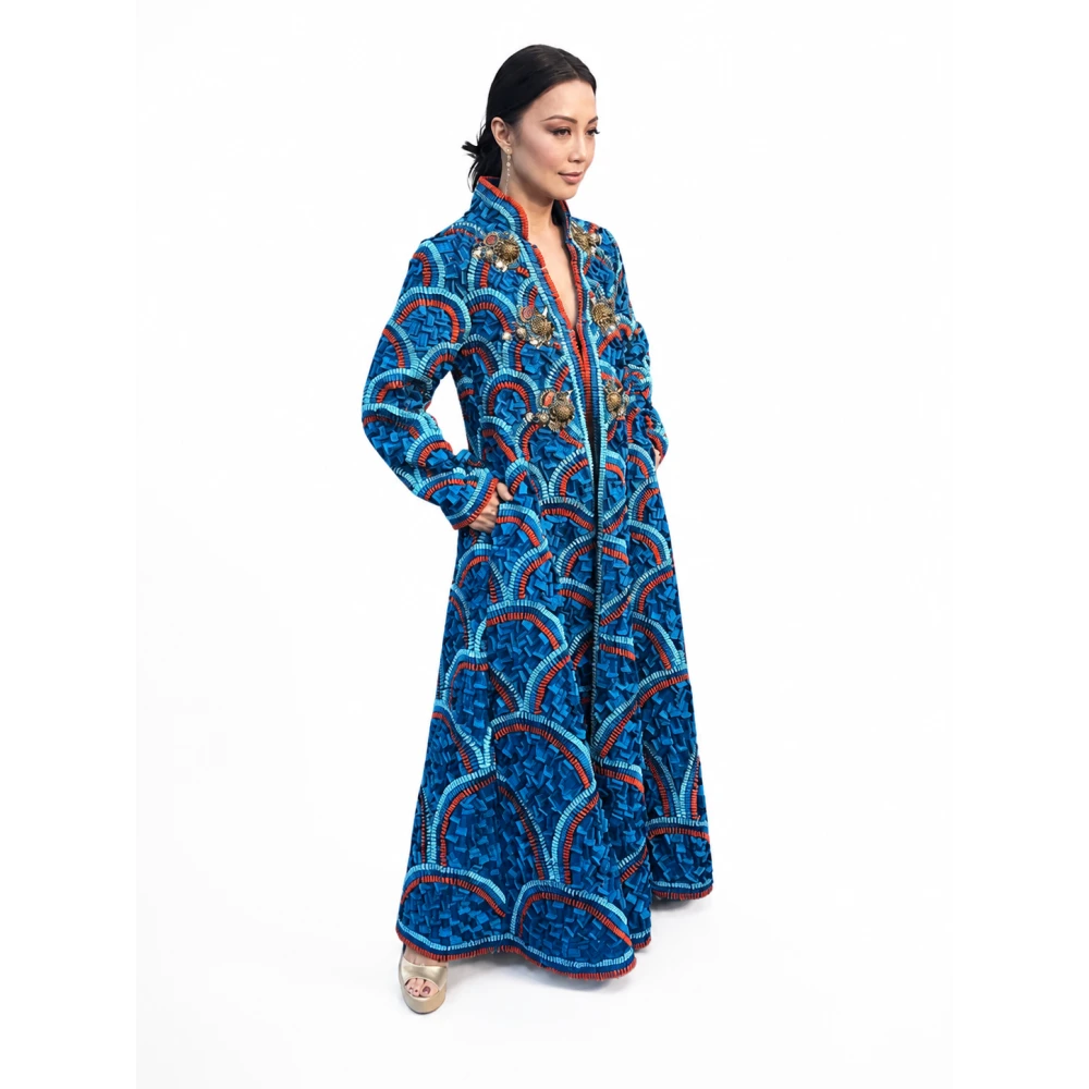 Moana 2026 Ming Na Wen Blue Printed Long Coat | America Suits